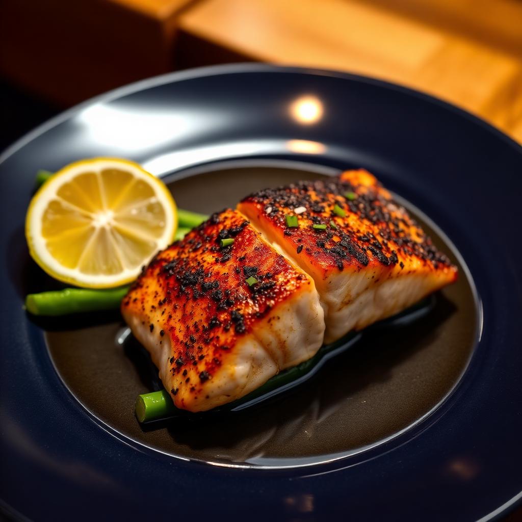 Blackened salmon fillet with lemon and green vegetables