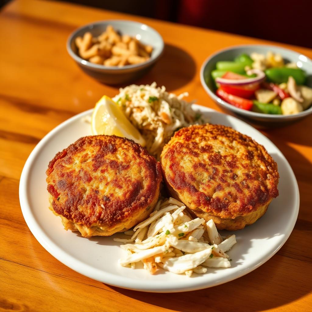 Two golden crab cakes served with slaw and lemon