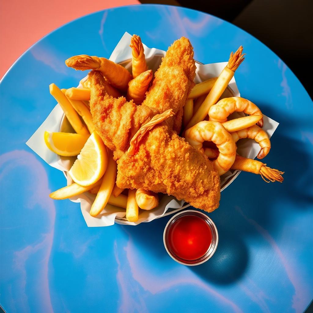 Golden fried fish and shrimp basket with fries and lemon