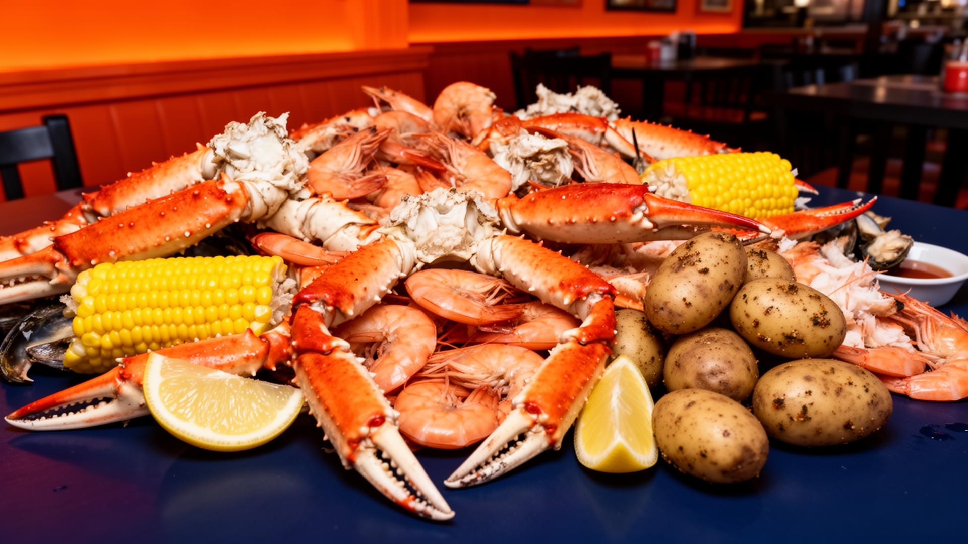 A generous seafood boil with crab, shrimp, corn, potatoes, and lemon